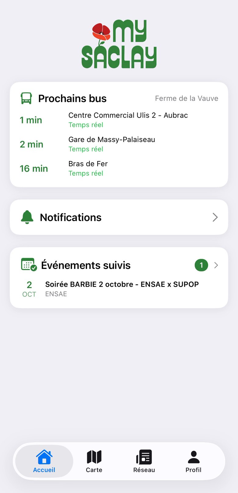 Accueil de l'app MySaclay : prochains bus, notifications et événements suivis