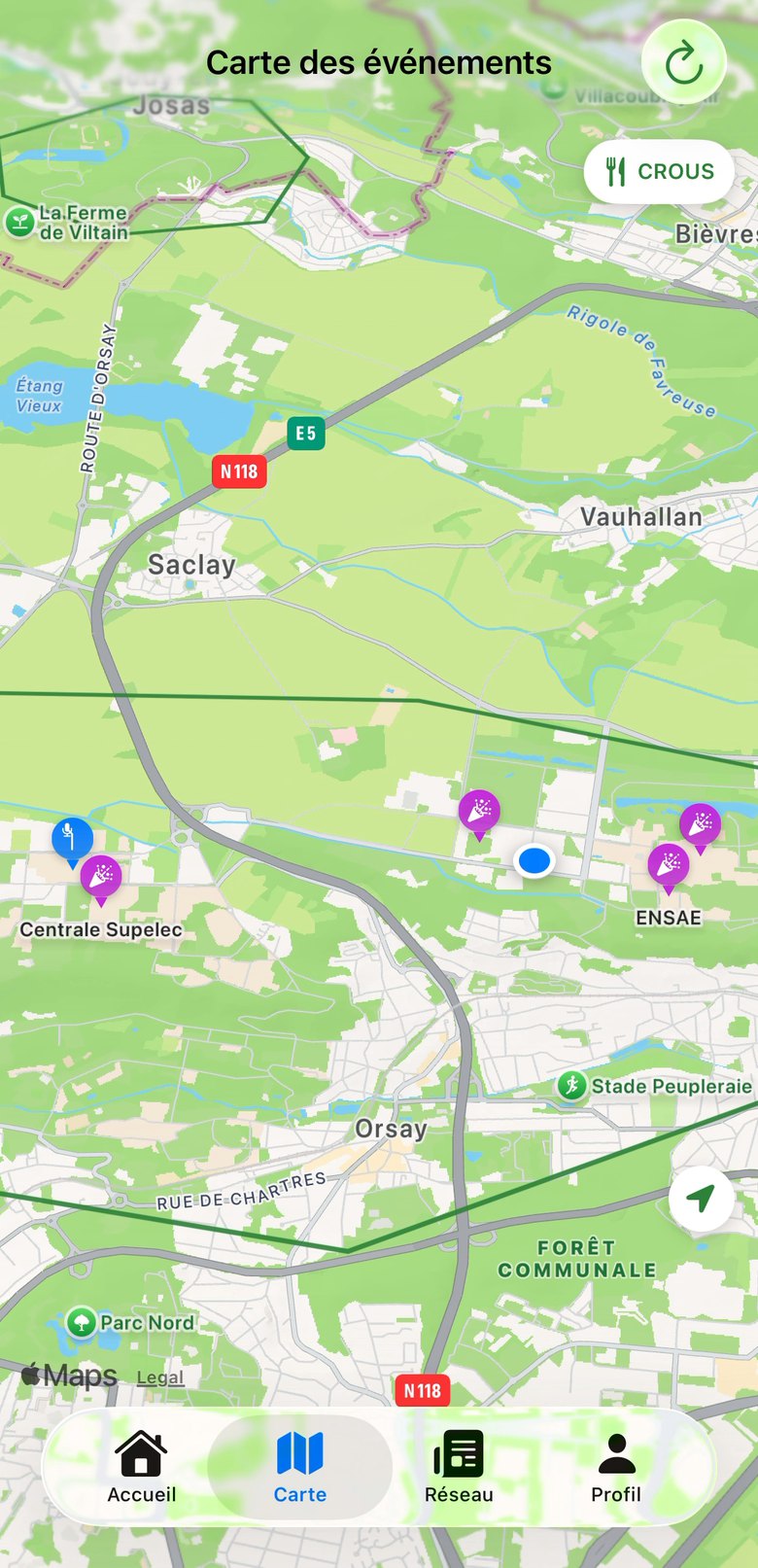 Carte interactive de MySaclay avec les événements du plateau de Saclay